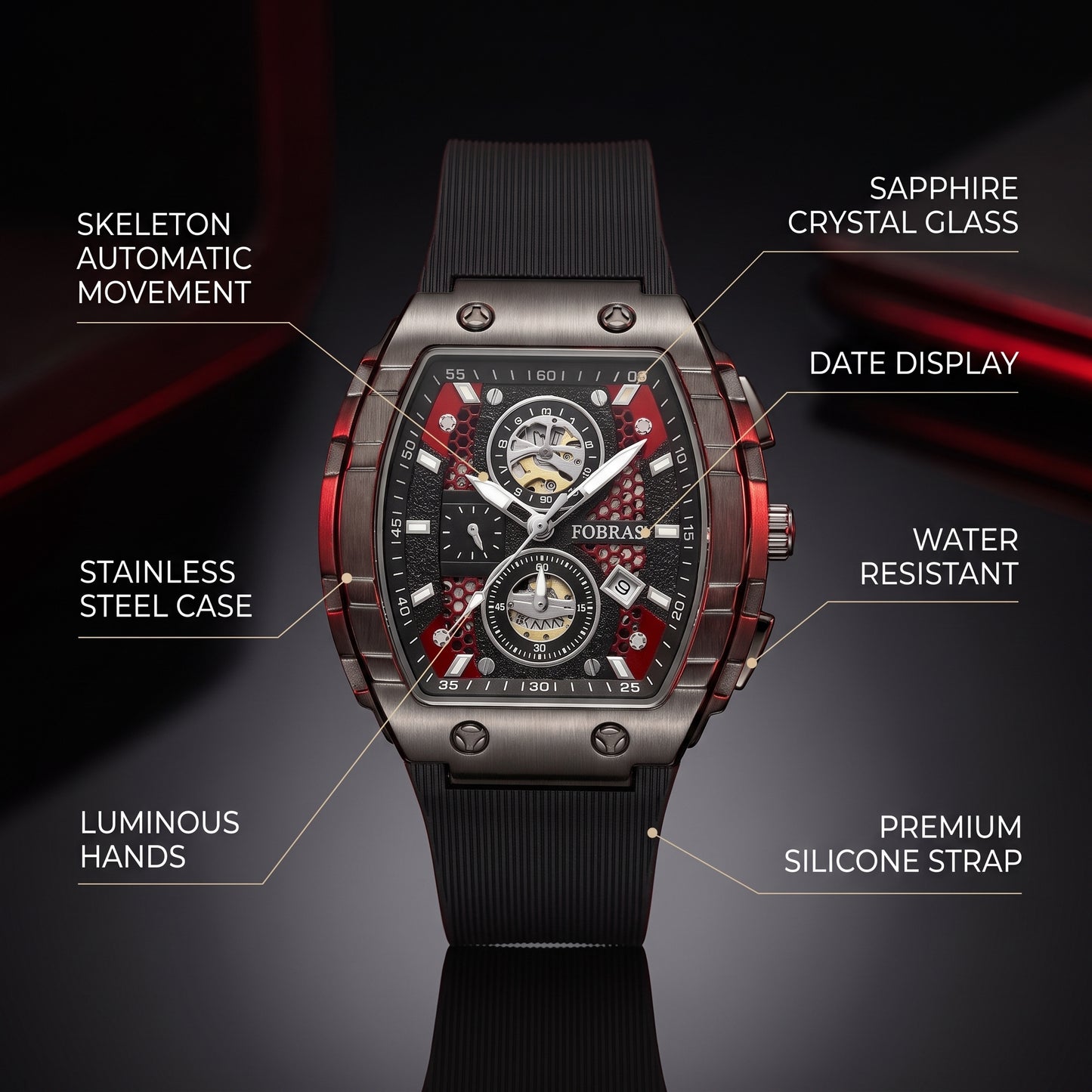 FOBRAS Luxury Black Automatic Skeleton Watch for Men