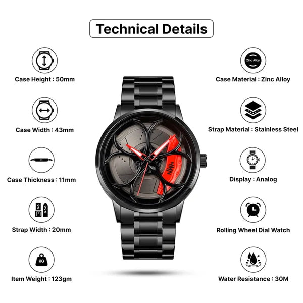 Black Automotive-Inspired Skeleton Luxury Watch – Red Hands & Yellow Brake Caliper Dial