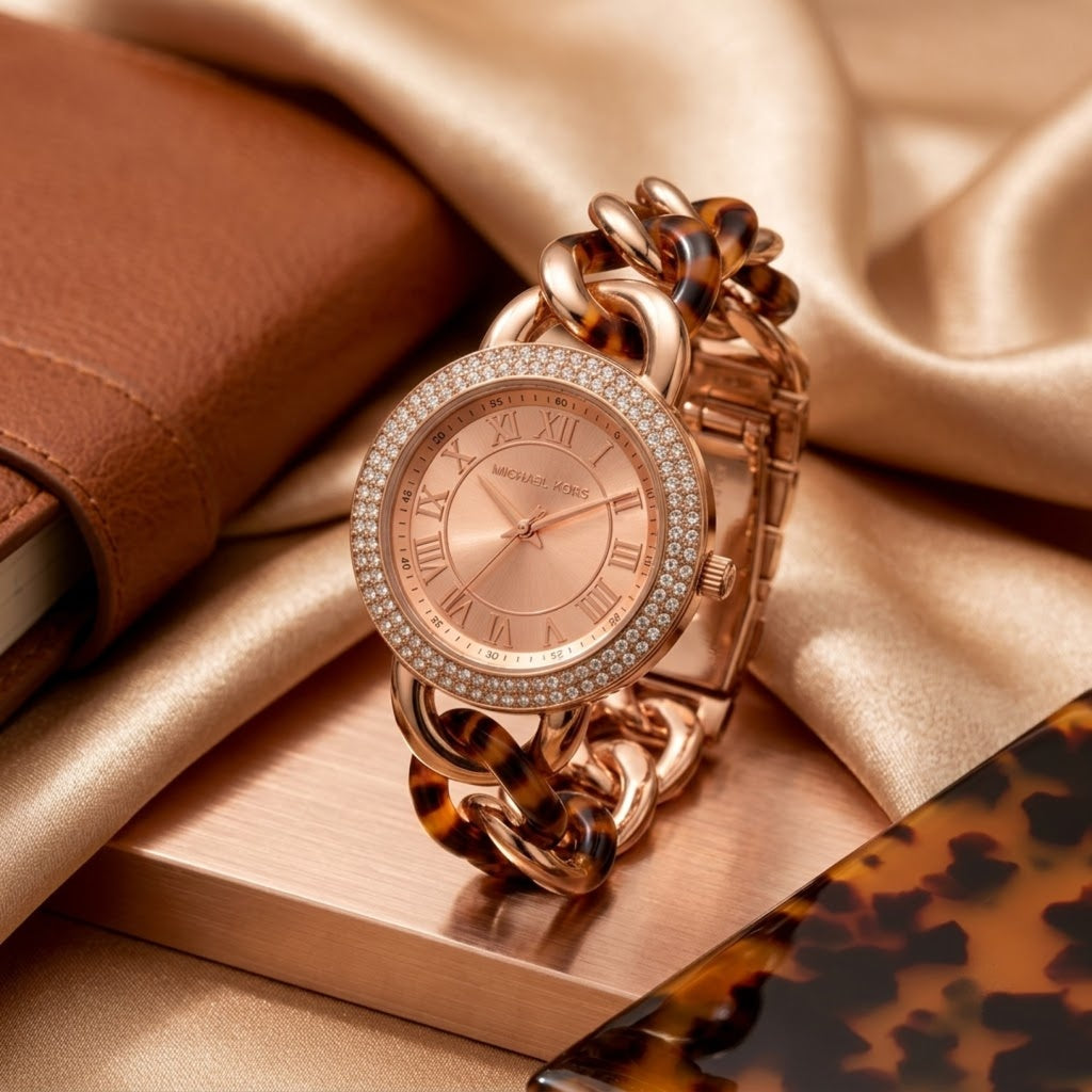 Rose Gold Tortoiseshell Crystal Chain Bracelet Watch