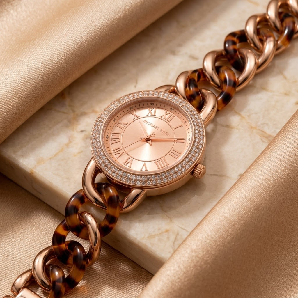 Rose Gold Tortoiseshell Crystal Chain Bracelet Watch